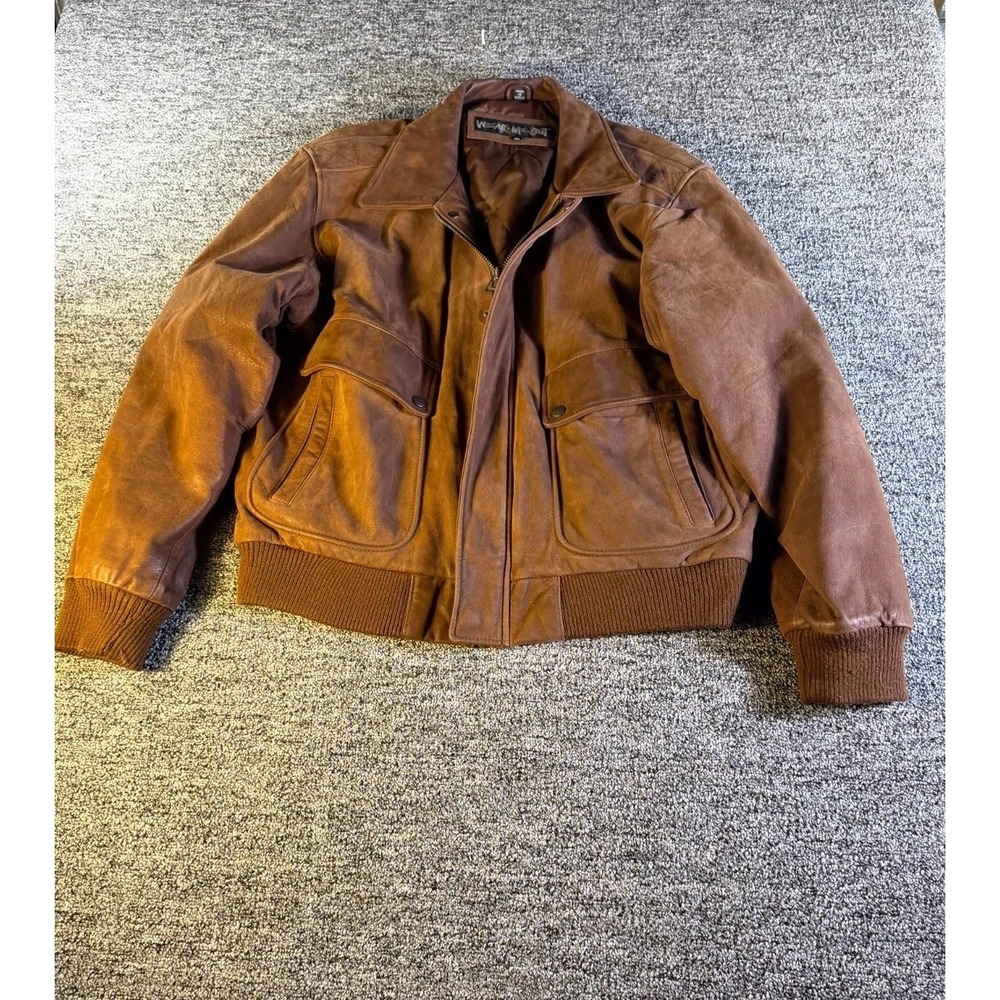 Vintage Wear Me Out Bomber Jacket Mens 42 Brown Leather Long Sleeve Full Zip